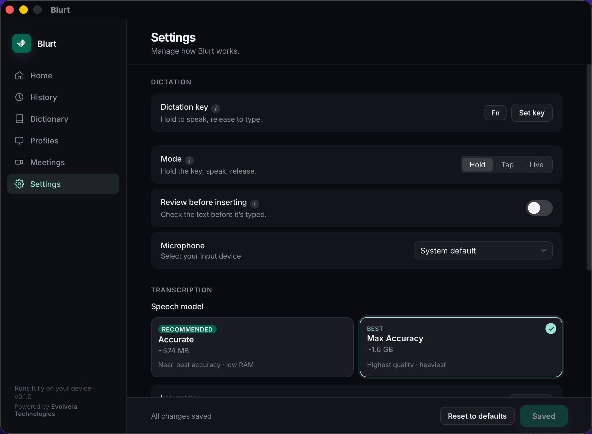 Blurt Settings, Transcription tab, listing the on-device speech models