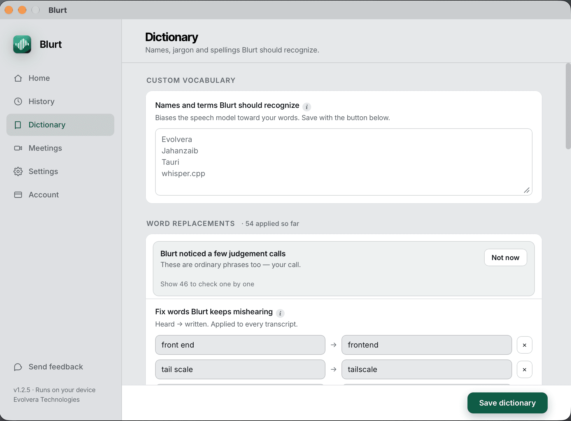 Blurt's Dictionary tab: custom vocabulary (Evolvera, Tauri, whisper.cpp) and word replacements such as front end to frontend
