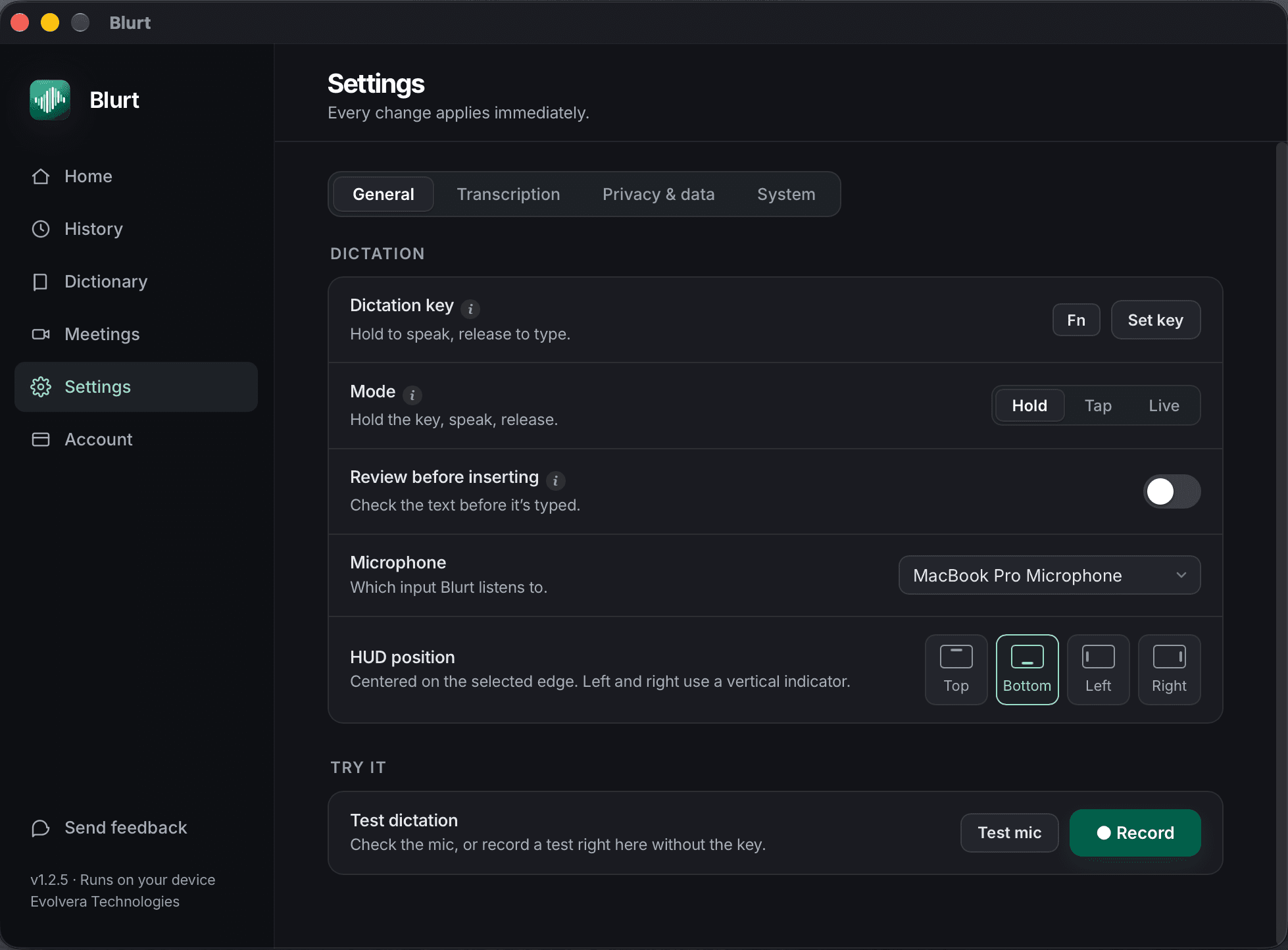 Blurt Settings, General tab: dictation key Fn, Hold, Tap or Live mode, review before inserting, microphone and HUD position