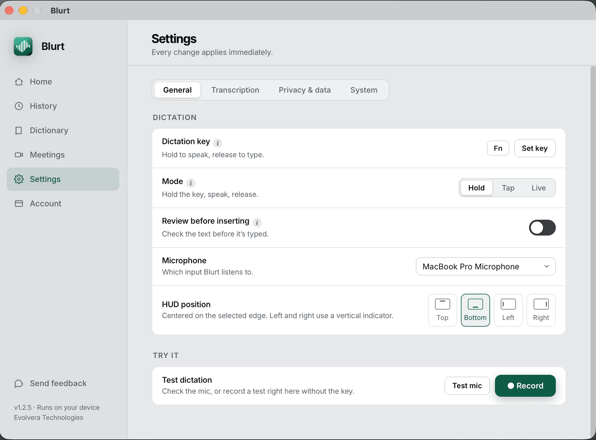 Blurt Settings, General tab: dictation key Fn, Hold, Tap or Live mode, review before inserting, microphone and HUD position