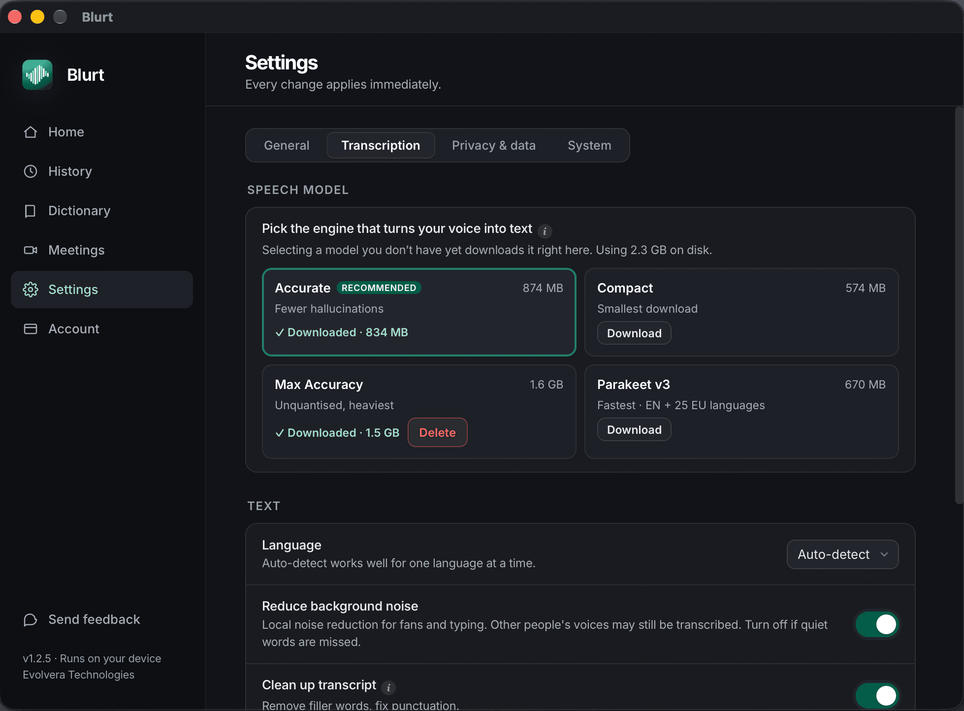 Blurt Settings, Transcription tab, listing the four on-device speech models