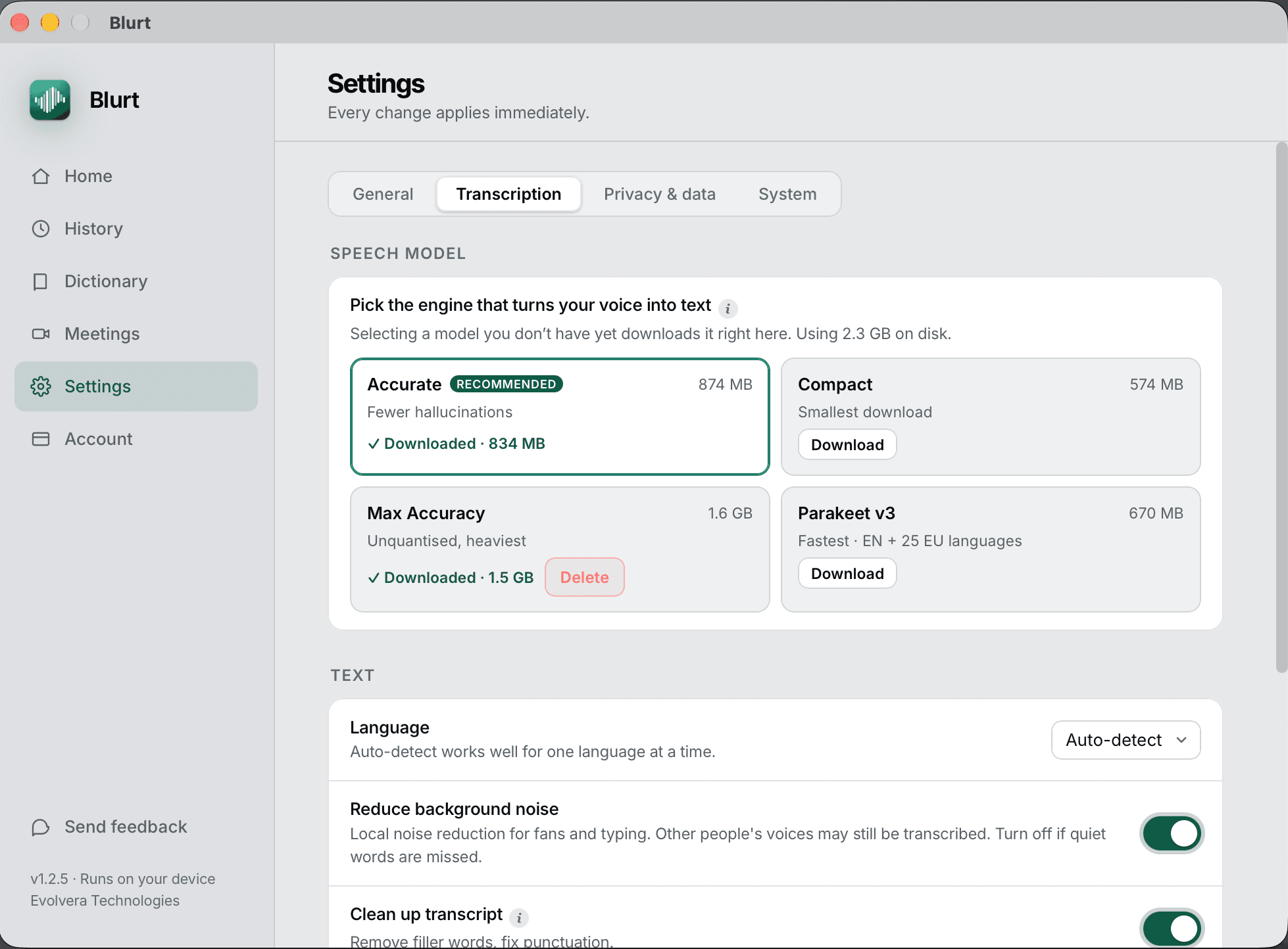Blurt Settings, Transcription tab, listing the four on-device speech models